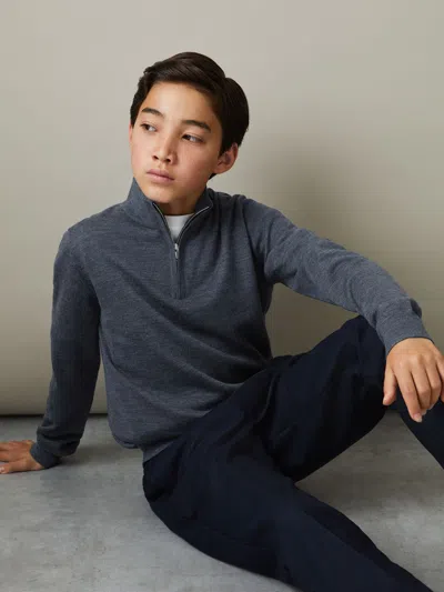 Reiss Dark Airforce Blue Melange Blackhall 3-9 Yrs Merino Wool Half-zip Funnel Neck Jumper