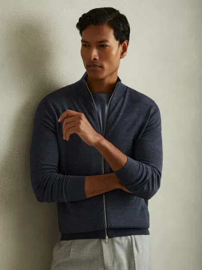 Reiss Dark Airforce Blue Melange Merino Wool Zip-through Funnel-neck Cardigan In Black