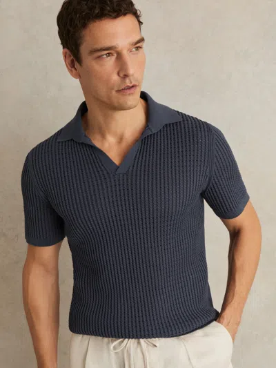 Reiss Dark Airforce Blue Micro-cable Open-collar Cotton-blend Shirt