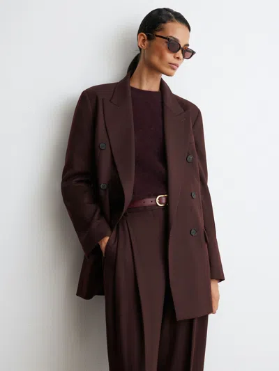 Reiss Dark Aubergine Wool-blend Double-breasted Oversized Suit Blazer In Burgundy