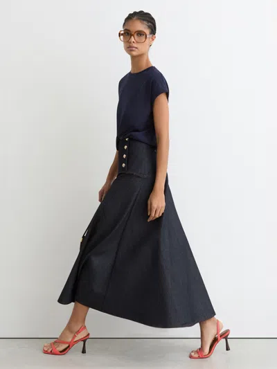 Reiss Dark Blue Button-detail Denim Midi Skirt