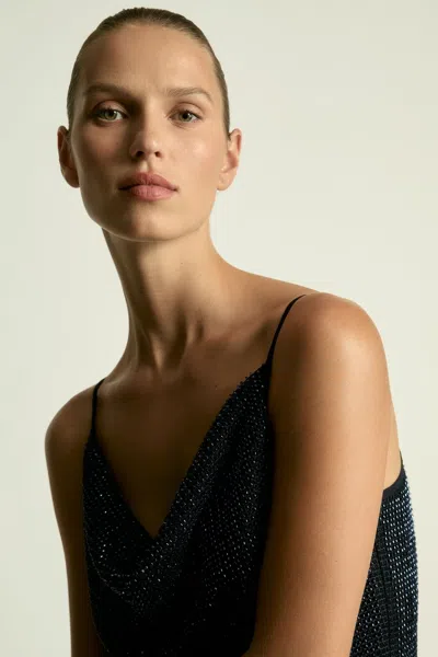 Reiss Dark Blue Cowl-neck Beaded Mini Dress