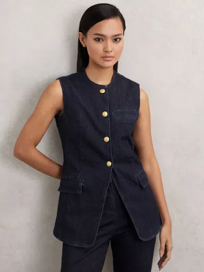 Reiss Dark Blue Denim Long-line Waistcoat
