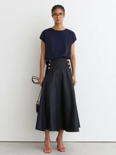 Reiss Dark Blue Petite Button-detail Denim Midi Skirt
