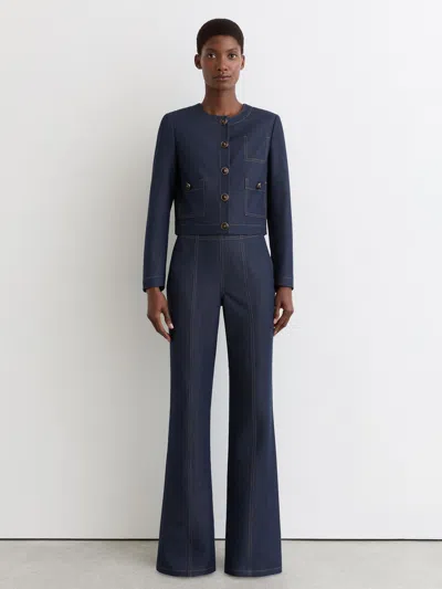 Reiss Dark Blue Petite Flared-leg Denim-look Trousers