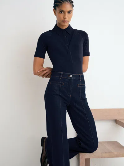 Reiss Dark Blue Pintuck-detail Flared Jeans