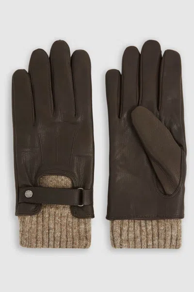 Reiss Dark Brown Leather Ribbed-cuff Gloves