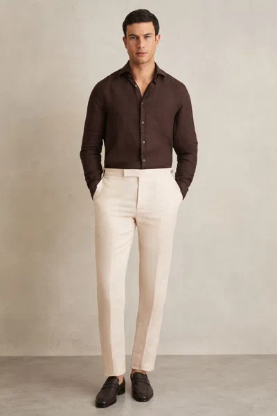 REISS DARK BROWN LINEN STRIPED CUTAWAY-COLLAR SHIRT