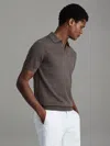 Reiss Dark Brown Melange Merino Wool Open Collar Polo Shirt