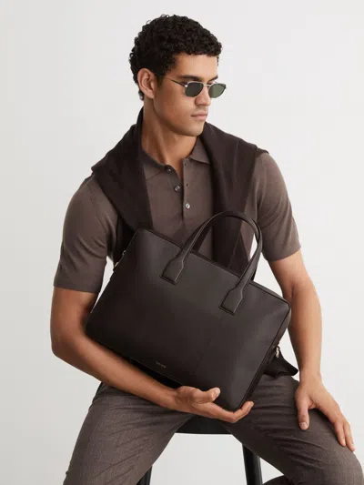 Reiss Dark Brown Micro-grain Leather Briefcase Bag