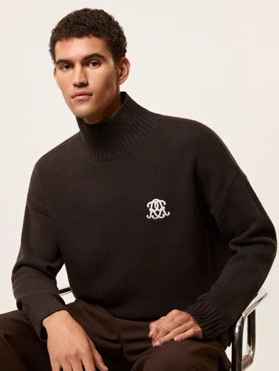 Reiss Dark Brown Monogram Wool Funnel-neck Jumper