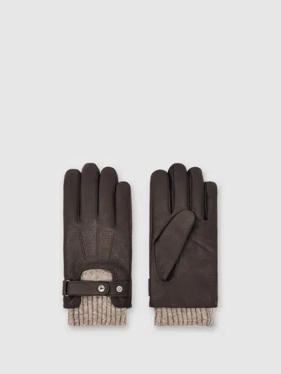 Reiss Dark Brown Leather Ribbed-cuff Gloves