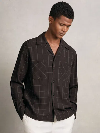 Reiss Dark Brown Simone Windowpane-check Cuban-collar Shirt In Burgundy