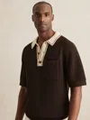 Reiss Dark Brown/stone Cotton Textured Knit Contrast Polo Shirt In Brown