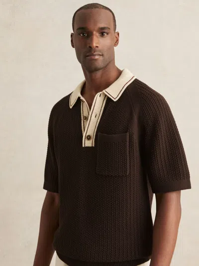 REISS DARK BROWN/STONE COTTON TEXTURED KNIT CONTRAST POLO SHIRT