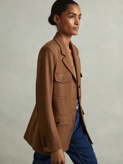 Reiss Dark Camel Jessie Ponte Button-through Overshirt In Brown