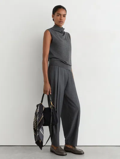 Reiss Dark Charcoal Grey Wool Funnel-neck Sleeveless Knit Top