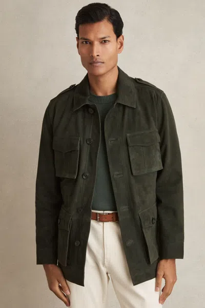 Reiss Dark Forest Green Suede Four Pocket Field Jacket