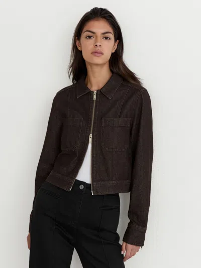 Reiss Dark Grape Cropped Zip-through Denim Jacket