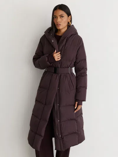 Reiss Dark Grape Larissa Tall Belted Longline Hooded Puffer Coat In Brown