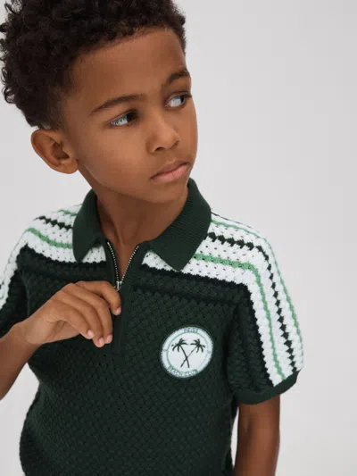 Reiss Kids' Dark Green 9-13 Yrs Textured Cotton Half-zip Polo Shirt In Black