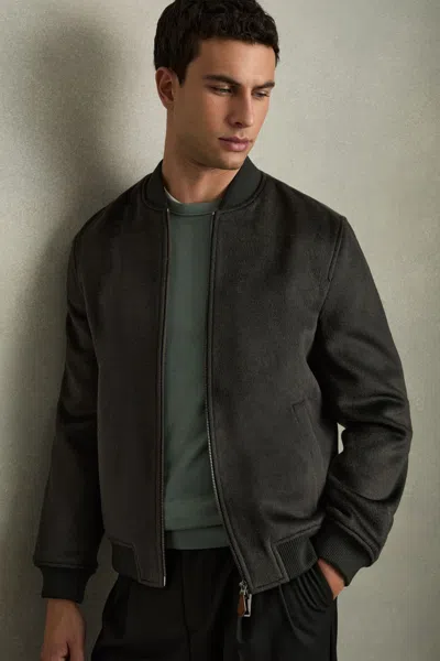 Reiss Dark Green Brushed Wool-blend Bomber Jacket In Dark Green