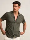 Reiss Dark Green Jacquard Stripe Cuban Collar Shirt In Green