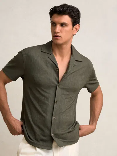 Reiss Dark Green Jacquard Stripe Cuban Collar Shirt