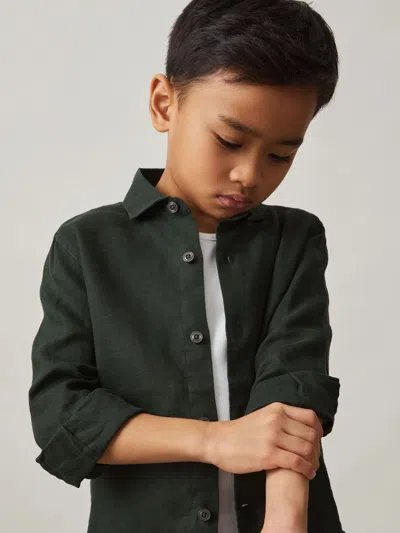 Reiss Kids' Dark Green Linen Long-sleeve Shirt