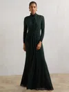 Reiss Dark Green Danni Petite Ruched Long-sleeve Maxi Dress In Green