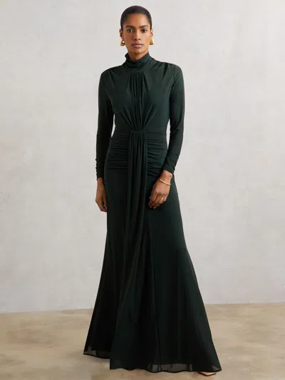 Reiss Dark Green Petite Ruched Long-sleeve Maxi Dress