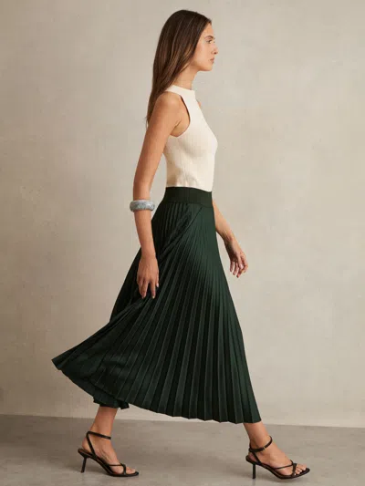 Reiss Dark Green Pleated Midi Skirt
