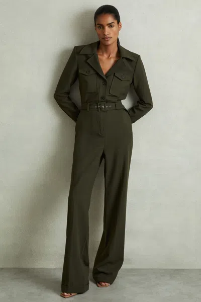 Reiss Dark Green Belted Utility Jumpsuit In Dark Green