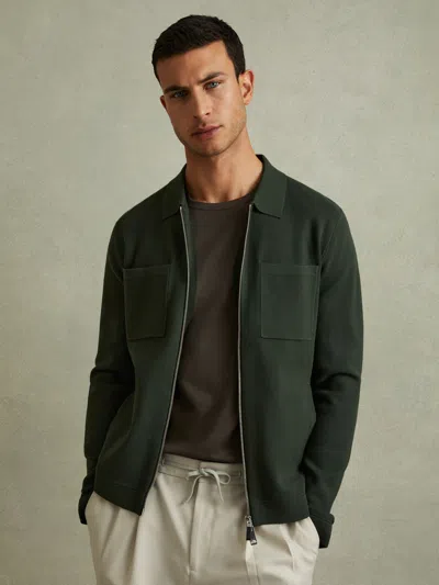 Reiss Dark Green Knitted Zip-through Jacket