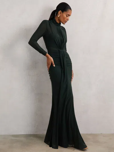 Reiss Dark Green Ruched Long-sleeve Maxi Dress