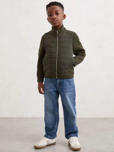 Reiss Kids' Dark Green Hybrid Quilt And Knit Zip-through Jacket