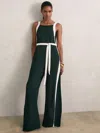 Reiss Dark Green/cream Petite Colourblock Wide Leg Belted Jumpsuit In Black