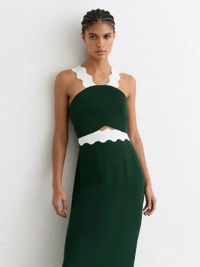 Reiss Dark Green/ivory Contrast Wave-trim Fitted Midi Dress