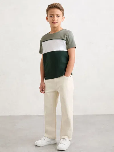 Reiss Dark Green/sage/off White Cole 3-9 Yrs Cotton Colour-block T-shirt