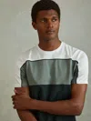 Reiss Dark Green/white Mercerised Cotton Colourblock Crew Neck T-shirt In Green