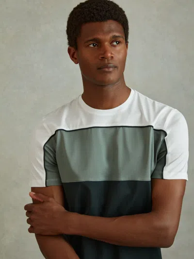 Reiss Dark Green/white Mercerised Cotton Colourblock Crew Neck T-shirt