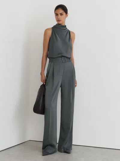 Reiss Dark Grey Petite Satin Cowl-neck Wide-leg Jumpsuit In Gray