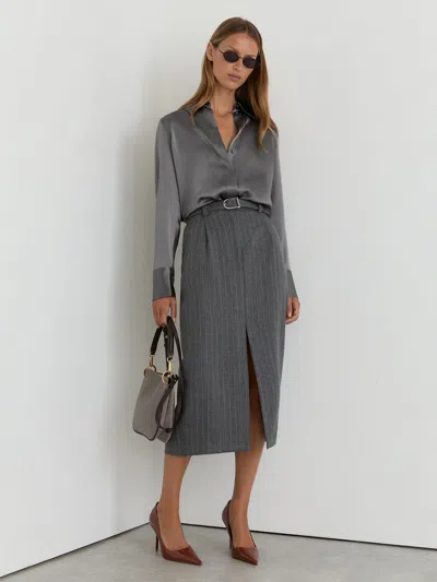 Reiss Dark Grey Petite Silk-satin Concealed-placket Shirt In Gray