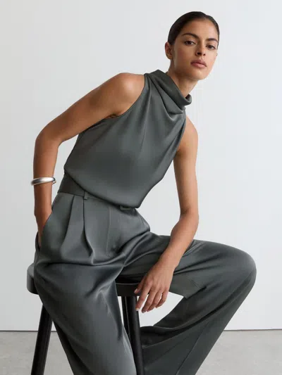 Reiss Dark Grey Satin Cowl-neck Wide-leg Jumpsuit In Gray