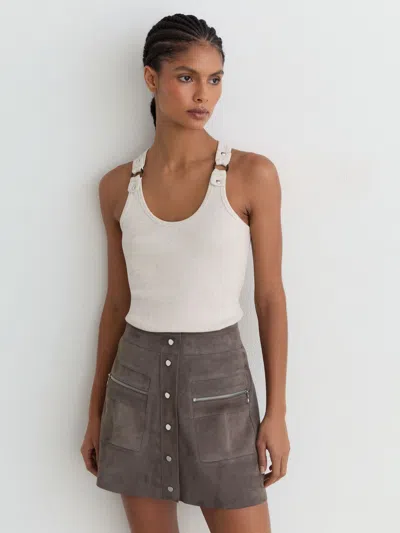 Reiss Dark Grey Suede Zip-pocket Mini Skirt In Gray