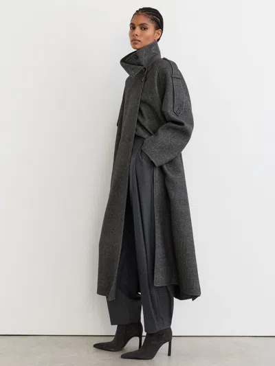 Reiss Dark Grey Wool-blend Herringbone Long Trench Coat In Gray
