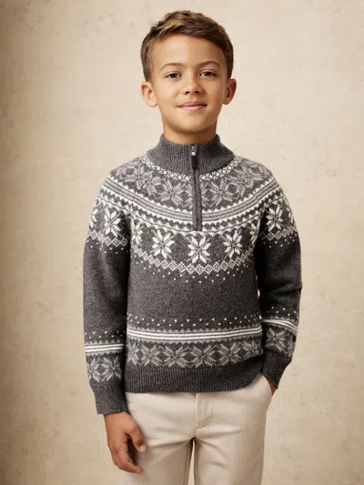 REISS REISS DARK GREY/OFF WHITE PERTH 3-9 YRS FAIR ISLE HALF-ZIP JUMPER WITH WOOL