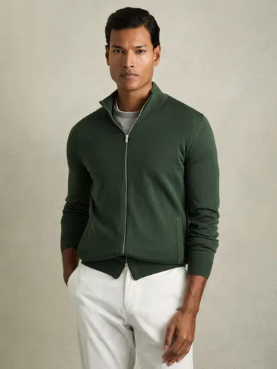 Reiss Dark Kale Green Merino Wool Funnel-neck Cardigan