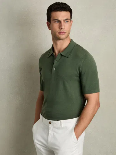 Reiss Kale Green Manor Merino Wool Short-sleeve Polo Shirt