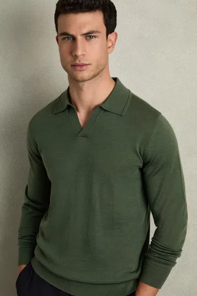 Reiss Dark Kale Green Merino Wool Open-collar Polo Shirt